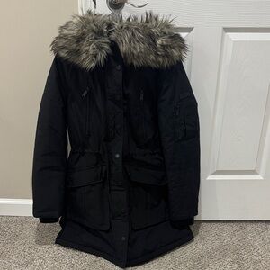 BCBGeneration Black Puffer Coat with Fur Trim